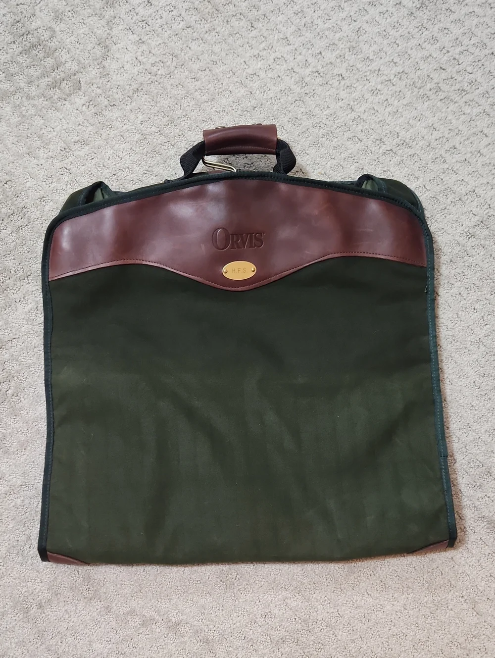 Orvis Dark Green Canvas Garment Bag with Brown Leather Accents